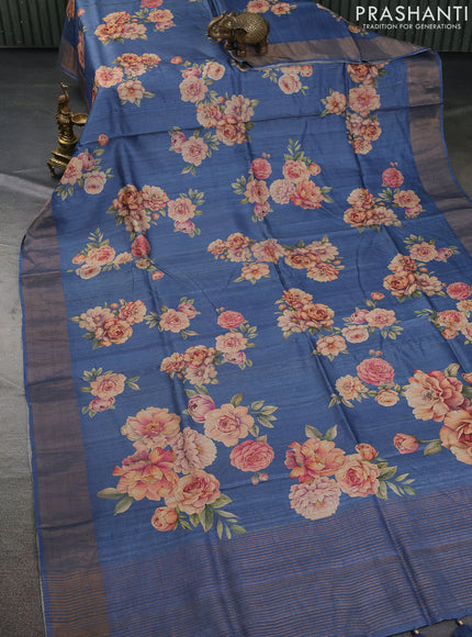 Pure tussar silk saree blue shade with floral digital prints and zari woven border