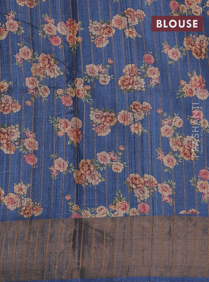 Pure tussar silk saree blue shade with floral digital prints and zari woven border
