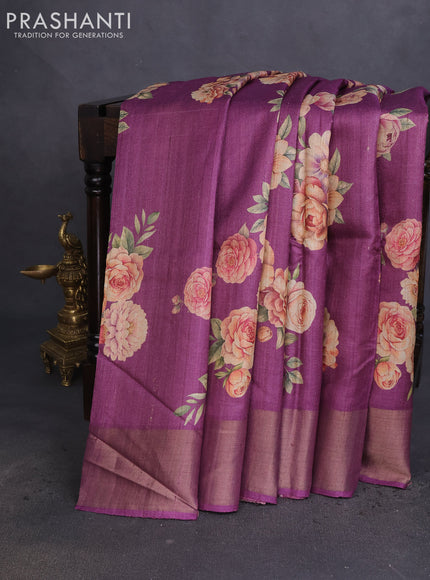 Pure tussar silk saree purple with floral digital prints and zari woven border