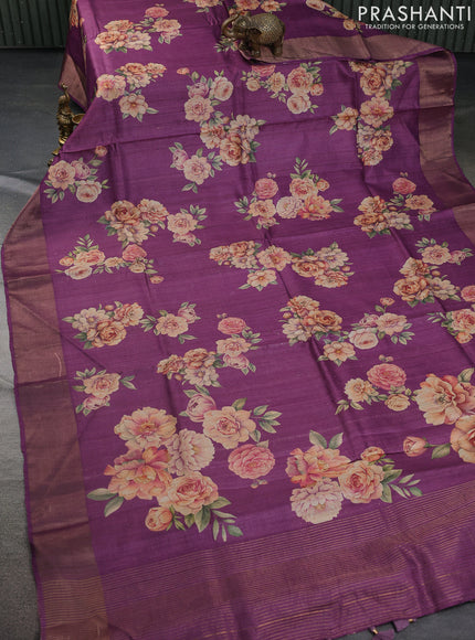Pure tussar silk saree purple with floral digital prints and zari woven border