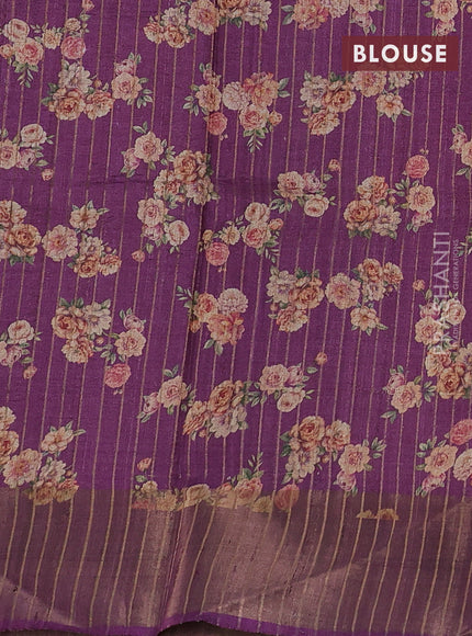 Pure tussar silk saree purple with floral digital prints and zari woven border