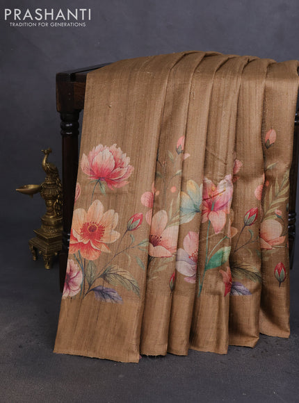 Pure tussar silk saree sandal with floral digital prints and zari woven border