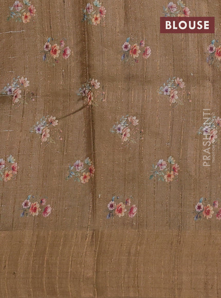 Pure tussar silk saree sandal with floral digital prints and zari woven border