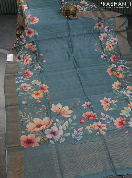 Pure tussar silk saree pastel green with floral digital prints and zari woven border