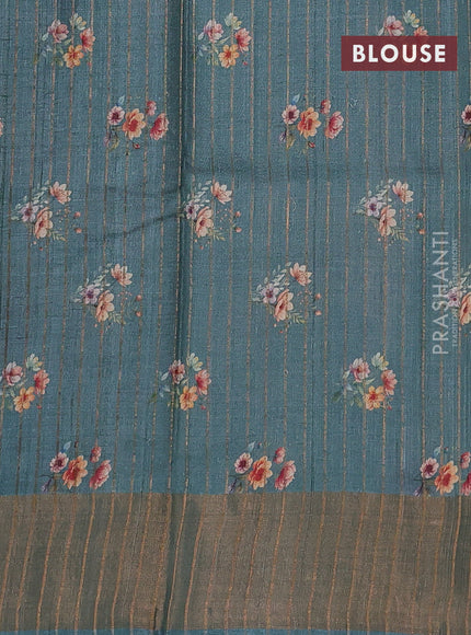 Pure tussar silk saree pastel green with floral digital prints and zari woven border