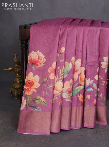 Pure tussar silk saree mauve pink with allover floral digital prints in borderless style