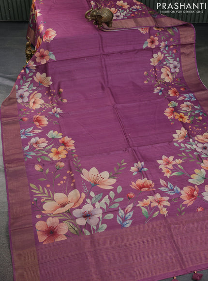 Pure tussar silk saree mauve pink with allover floral digital prints in borderless style