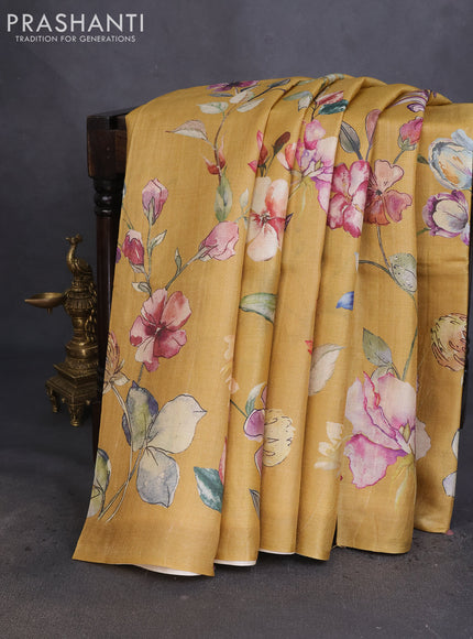 Pure tussar silk saree mustard yellow with allover floral digital prints in borderless style