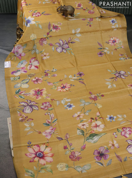 Pure tussar silk saree mustard yellow with allover floral digital prints in borderless style