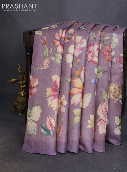 Pure tussar silk saree pastel lavender with allover floral digital prints in borderless style