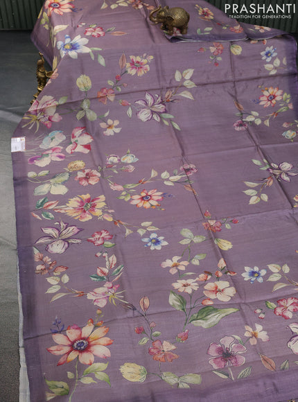Pure tussar silk saree pastel lavender with allover floral digital prints in borderless style