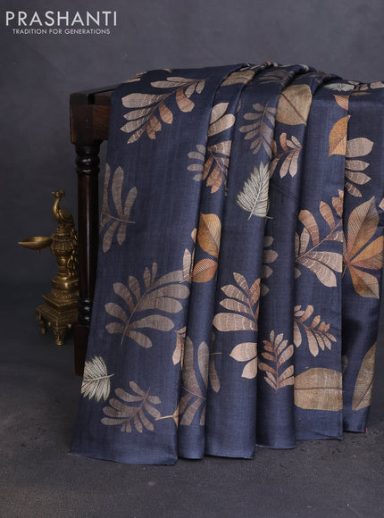 Pure tussar silk saree elephant grey with leaf digital prints in borderless style
