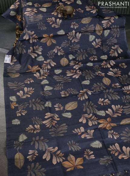 Pure tussar silk saree elephant grey with leaf digital prints in borderless style