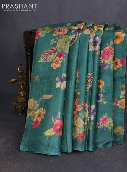 Pure tussar silk saree green with allover floral digital prints in borderless style