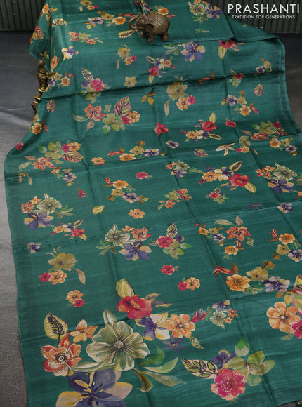Pure tussar silk saree green with allover floral digital prints in borderless style