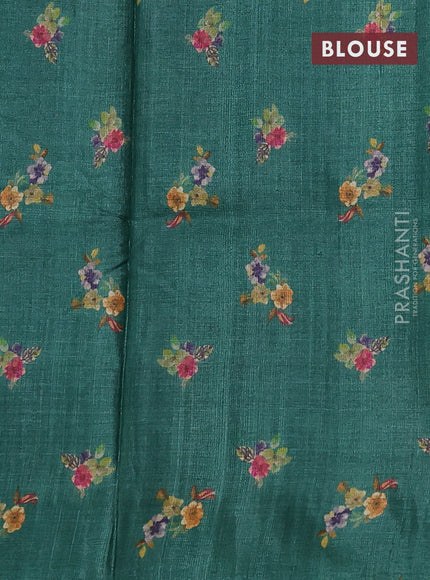 Pure tussar silk saree green with allover floral digital prints in borderless style