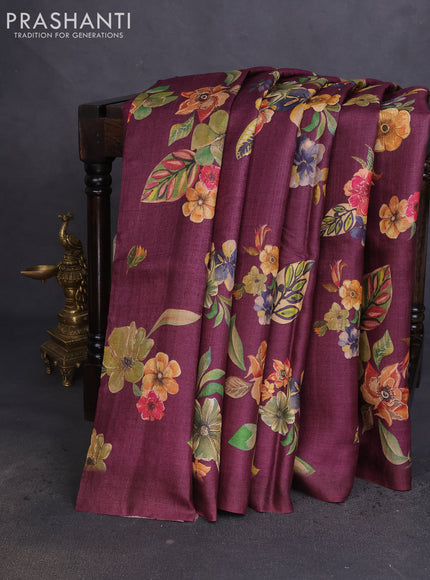 Pure tussar silk saree wine shade with allover floral digital prints in borderless style
