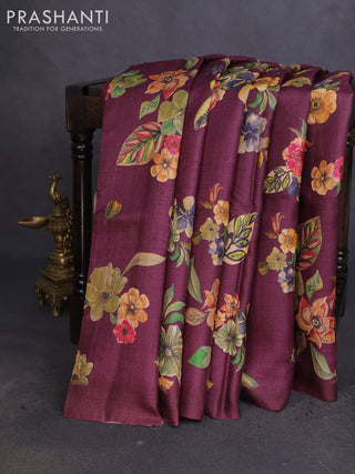 Pure tussar silk saree wine shade with allover floral digital prints in borderless style