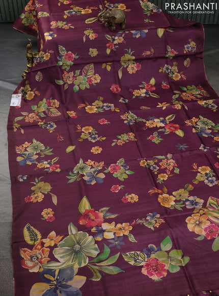 Pure tussar silk saree wine shade with allover floral digital prints in borderless style