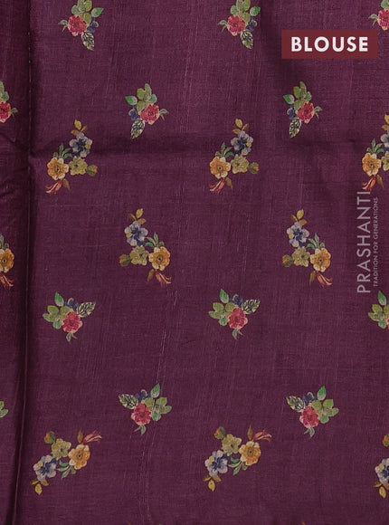 Pure tussar silk saree wine shade with allover floral digital prints in borderless style