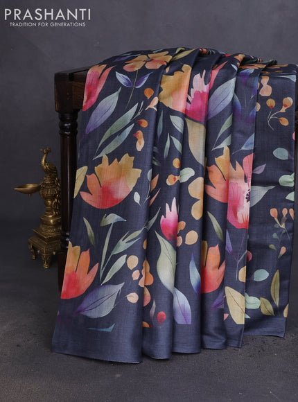Pure tussar silk saree elephant grey with allover floral digital prints in borderless style