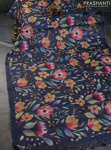Pure tussar silk saree elephant grey with allover floral digital prints in borderless style