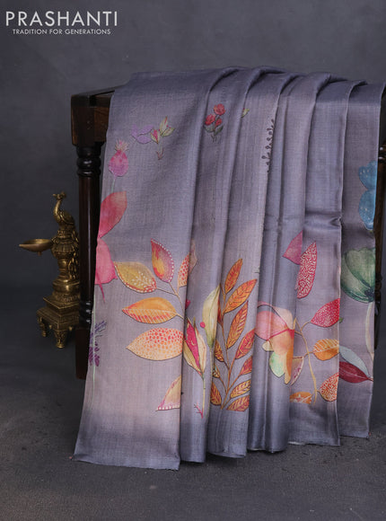 Pure tussar silk saree grey with allover floral digital prints in borderless style