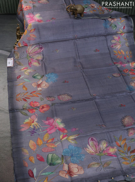Pure tussar silk saree grey with allover floral digital prints in borderless style