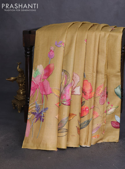 Pure tussar silk saree sandal with allover floral digital prints in borderless style