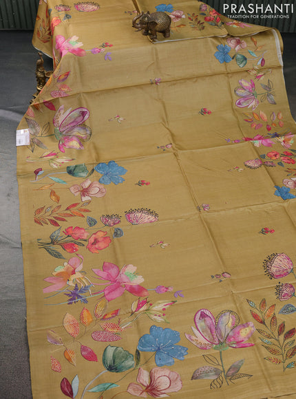 Pure tussar silk saree sandal with allover floral digital prints in borderless style