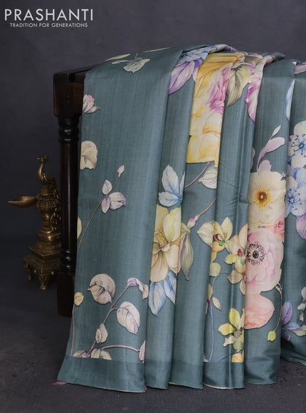 Pure tussar silk saree pastel green with allover floral digital prints in borderless style