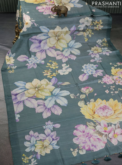 Pure tussar silk saree pastel green with allover floral digital prints in borderless style