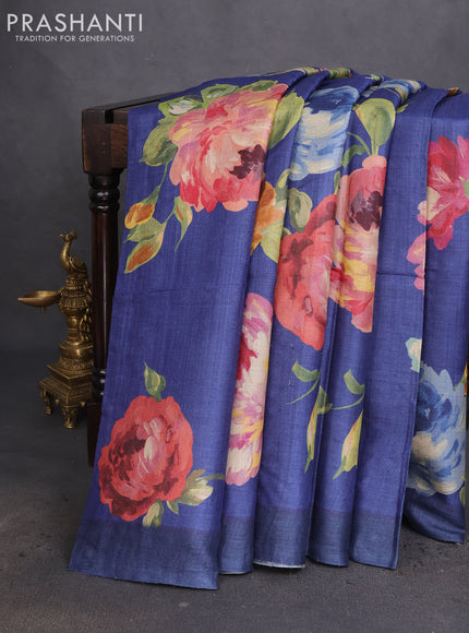 Pure tussar silk saree blue with allover floral digital prints in borderless style