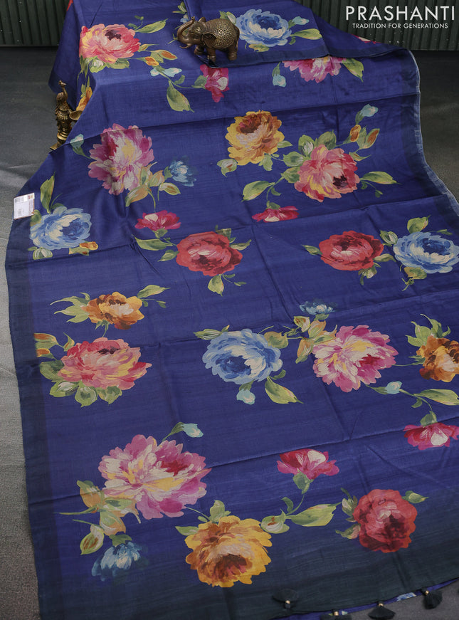 Pure tussar silk saree blue with allover floral digital prints in borderless style