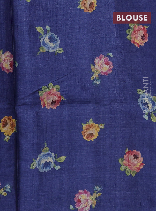 Pure tussar silk saree blue with allover floral digital prints in borderless style