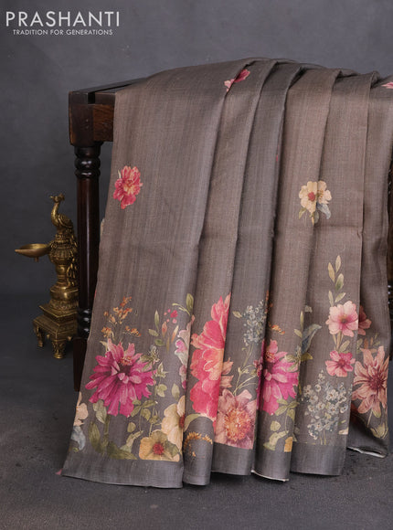 Pure tussar silk saree dark grey with allover floral digital prints in borderless style