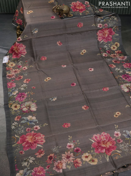 Pure tussar silk saree dark grey with allover floral digital prints in borderless style