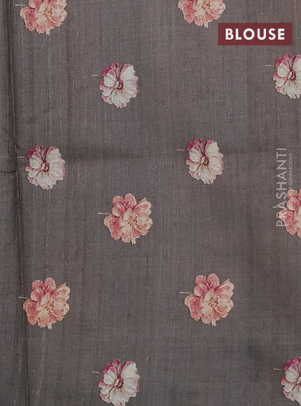 Pure tussar silk saree dark grey with allover floral digital prints in borderless style