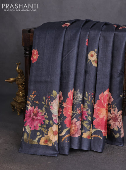 Pure tussar silk saree elephant grey with allover floral digital prints in borderless style
