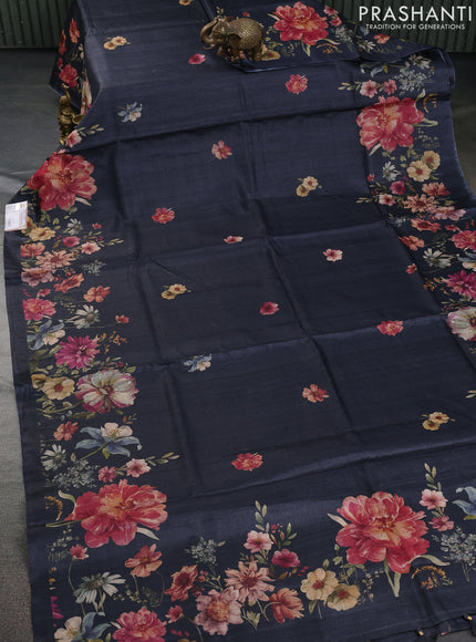Pure tussar silk saree elephant grey with allover floral digital prints in borderless style