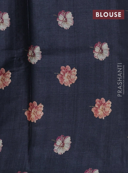 Pure tussar silk saree elephant grey with allover floral digital prints in borderless style