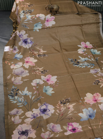 Pure tussar silk saree elaichi green with allover floral digital prints in borderless style