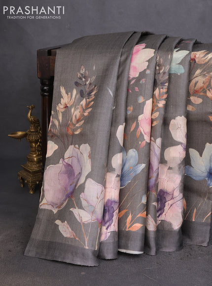 Pure tussar silk saree grey with allover floral digital prints in borderless style