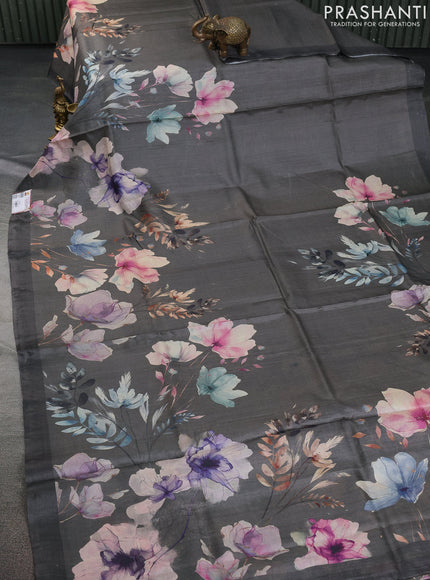 Pure tussar silk saree grey with allover floral digital prints in borderless style