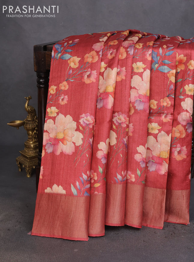Pure tussar silk saree red shade with allover floral digital prints and zari woven border