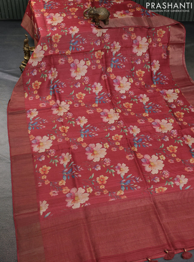 Pure tussar silk saree red shade with allover floral digital prints and zari woven border