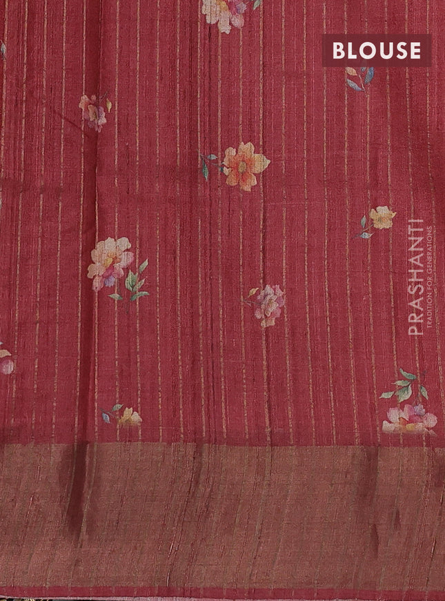 Pure tussar silk saree red shade with allover floral digital prints and zari woven border