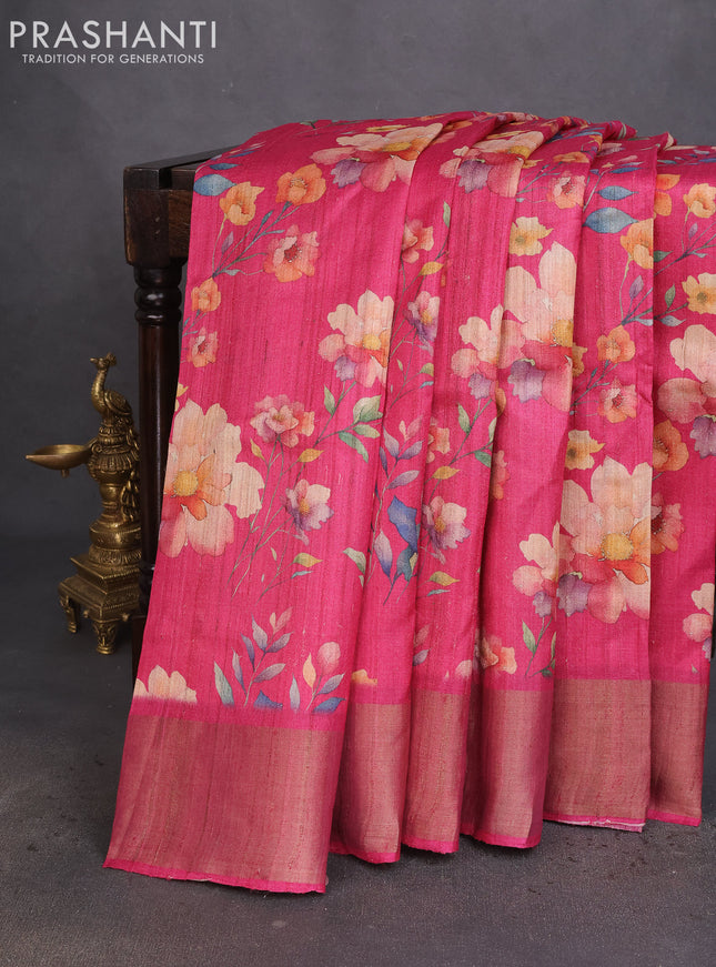 Pure tussar silk saree pink with allover floral digital prints and zari woven border