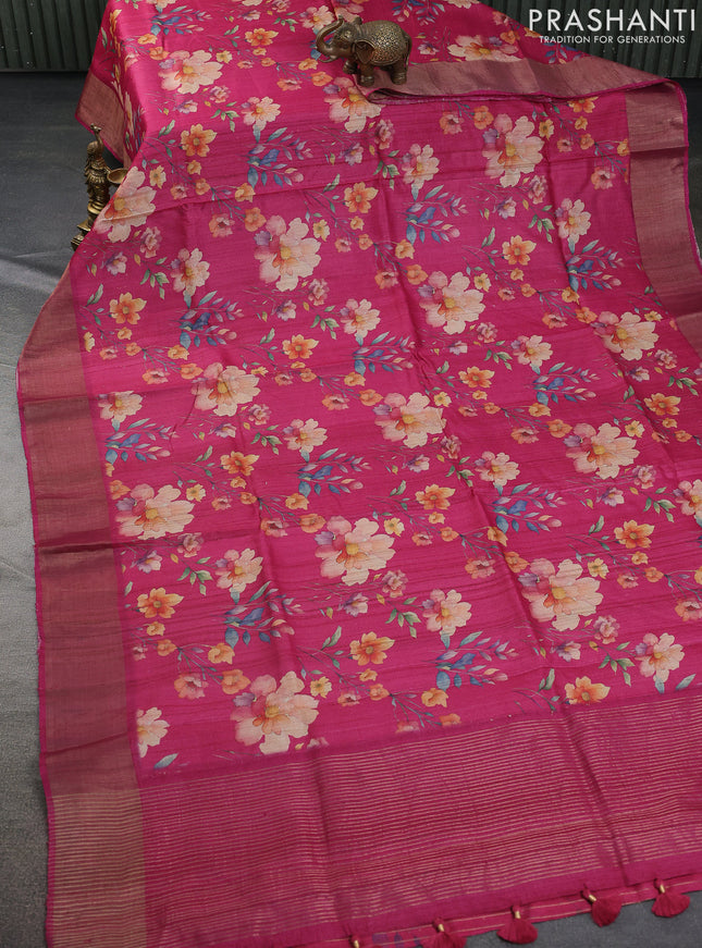 Pure tussar silk saree pink with allover floral digital prints and zari woven border