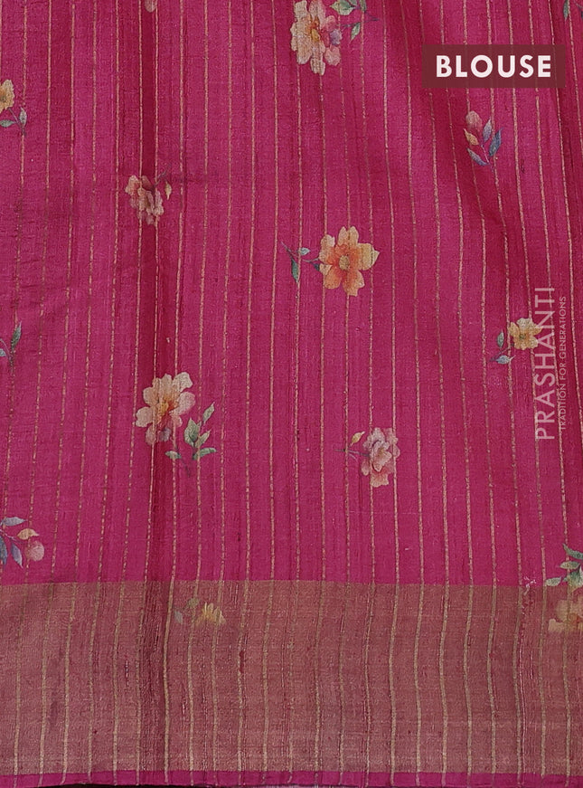 Pure tussar silk saree pink with allover floral digital prints and zari woven border